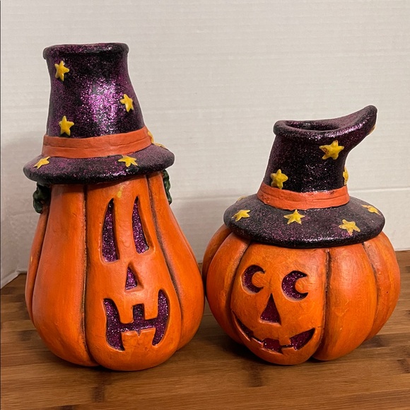 Halloween Pumpkin Candle Holders Witch Hat Topper Set Fall Decorations - Picture 1 of 9